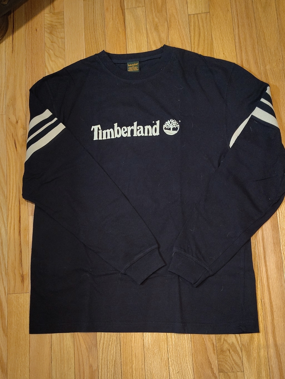 Timberland Black Long-Sleeve Logo Tee with White Stripes